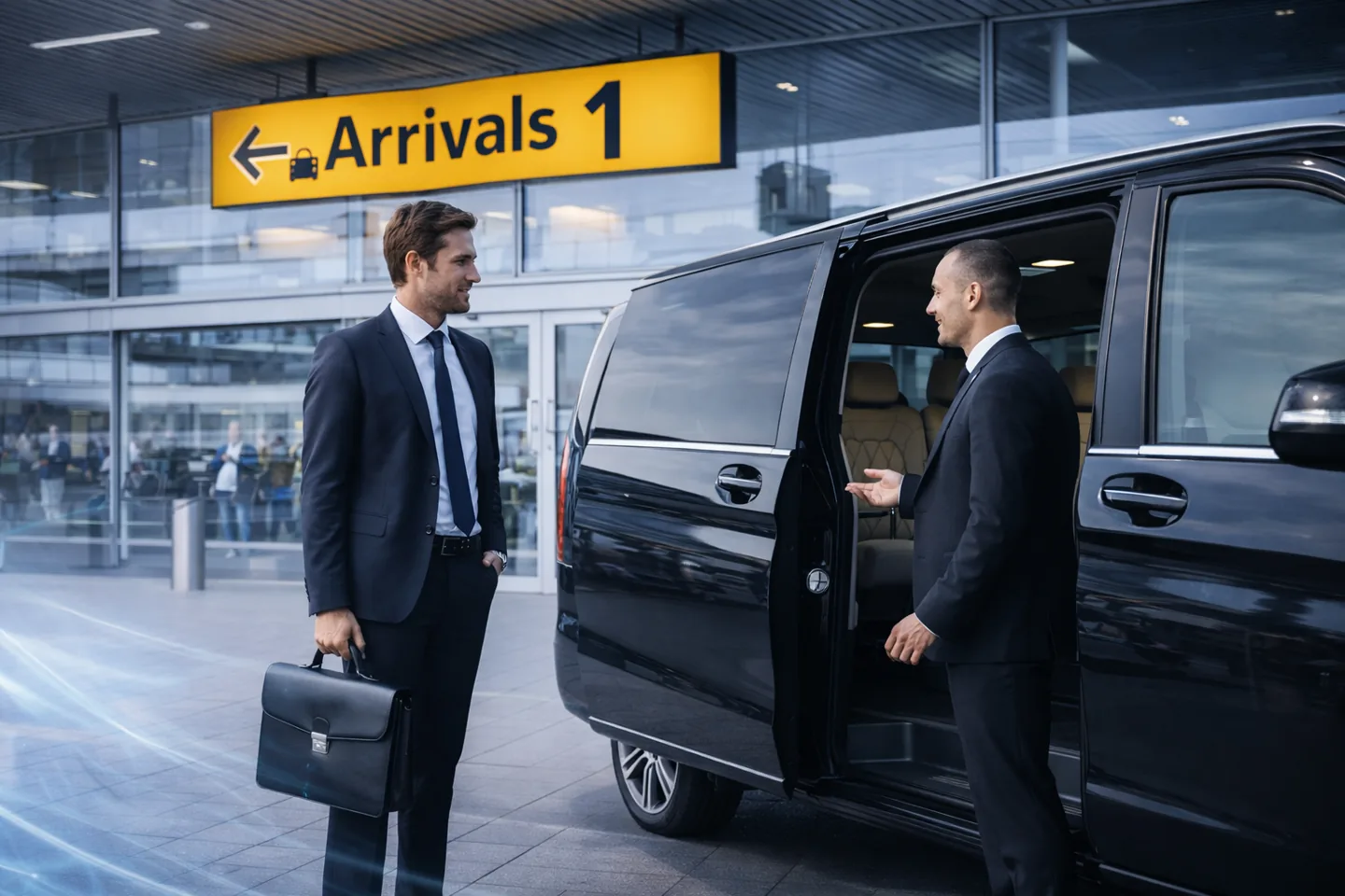 Chauffeur en reiziger bij een comfortabele taxibus